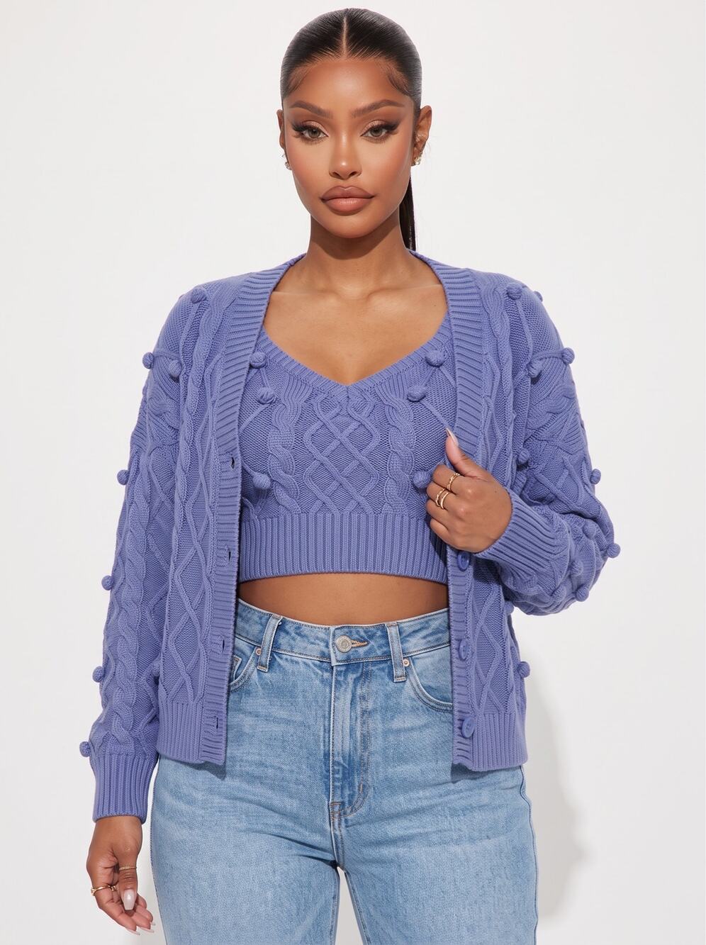 Forever 21 Periwinkle Blue Cable Knit Pom Pom Cardigan Chunky Bobble Sweater MED